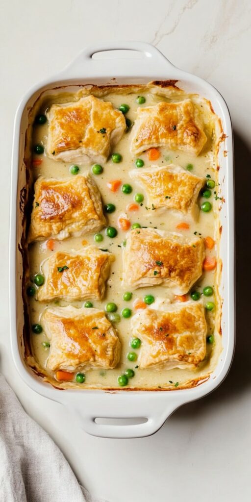 Close-up of a glass baking dish filled with a homemade biscuit-topped chicken pot pie casserole, resting on a stovetop. The casserole features golden brown biscuits, slightly darker on top, baked over a creamy mixture of chicken, peas, carrots, green beans, and corn.