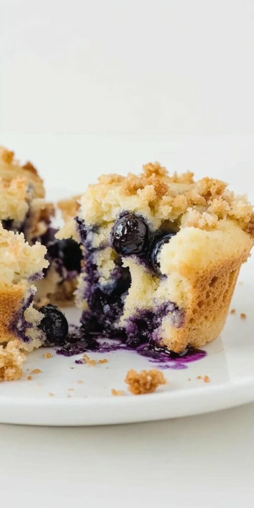 Partially eaten blueberry muffin with a crumb topping, revealing a moist, fluffy interior filled with whole baked blueberries